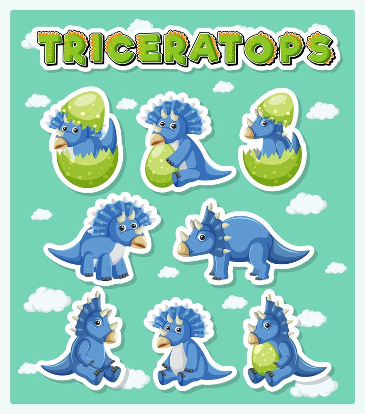 Vector gratuito conjunto de lindos personajes de dibujos animados de dinosaurios triceratops