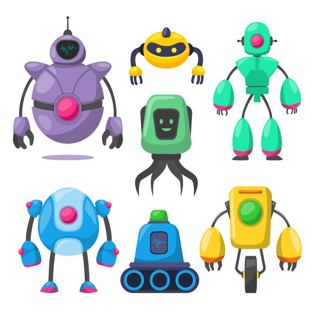 Conjunto de lindos personajes de dibujos animados de robots para niños