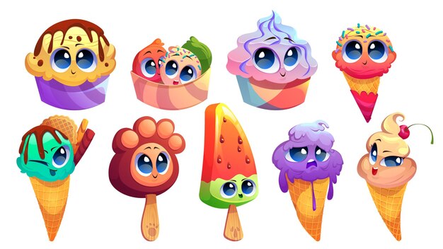 Conjunto de lindos personajes de helado, sundae de comida de verano divertido, helado, paleta, hielo de fruta, cono de gofre. Feliz, amable dulce kawaii sonriendo delicadeza con diferentes gustos para niños, ilustración vectorial