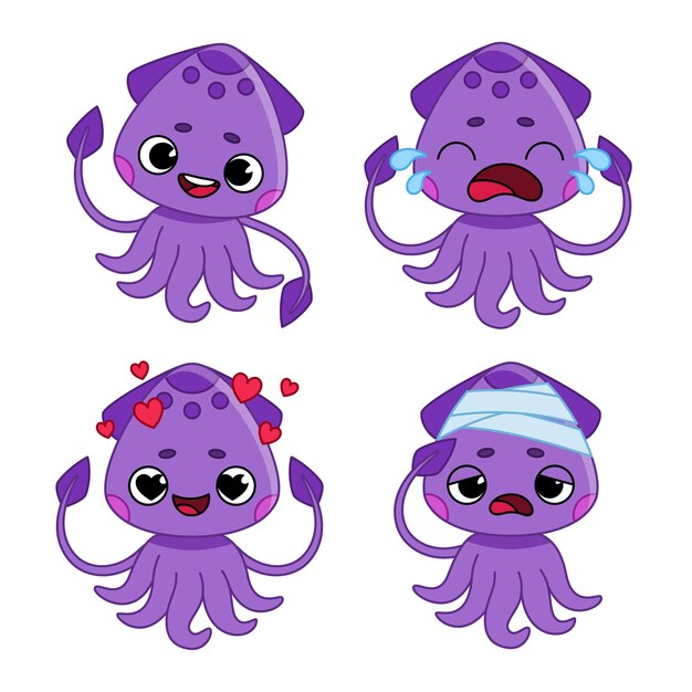 Conjunto de lindos personajes de medusas de dibujos animados llorando, saludando, sentados con la cabeza envuelta en vendas