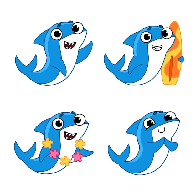 Conjunto de lindos tiburones de dibujos animados dibujados a mano que agitan sosteniendo una tabla de surf con un collar de flores