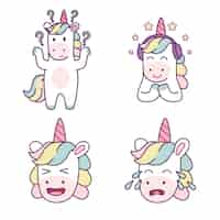 Vector gratuito conjunto de lindos unicornios dibujados a mano haciendo preguntas escuchando música riendo llorando