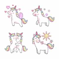 Vector gratuito conjunto de lindos unicornios dibujados a mano que sienten amor abrazando caminar con mariposas