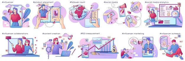 Conjunto de líneas planas de marketing de influencers de composiciones aisladas con teléfonos inteligentes, computadoras portátiles, iconos de redes sociales y personas, ilustración vectorial