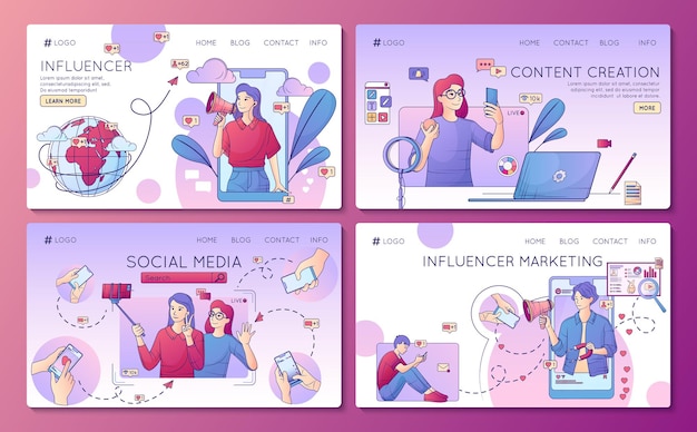 Conjunto de líneas planas de marketing de influencers de páginas de inicio de sitios web con enlaces de imágenes en los que se puede hacer clic e ilustración vectorial de texto