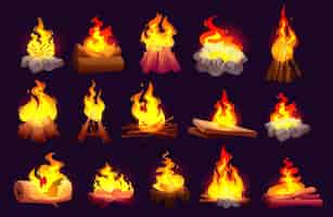 Vector gratuito conjunto de llamas de fuego ardiente, fogata con troncos y maderas. hogar de piedra, efecto de resplandor de fuego de hoguera. infierno brillante, lenguas de encendido ardientes aisladas en negro o fondo ilustración vectorial de dibujos animados