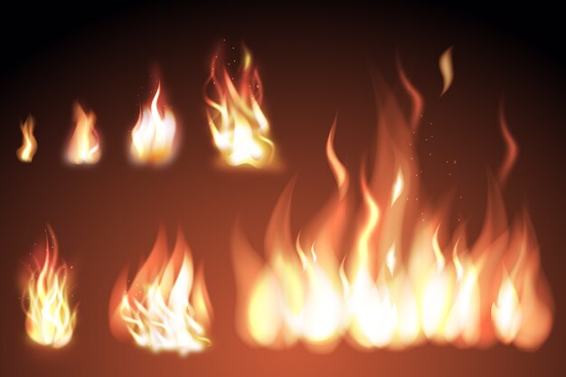 Conjunto de llamas de fuego realistas con destellos
