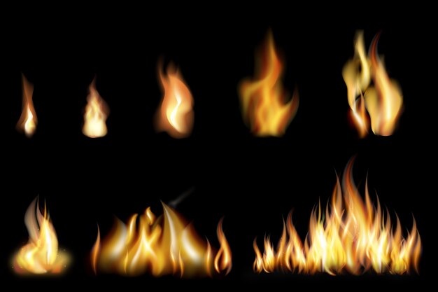 Conjunto de llamas de fuego realistas de varios tamaños.