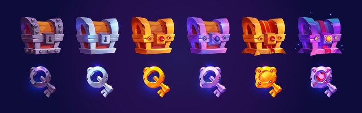 Vector gratuito conjunto de llaves y cofres del tesoro raros de recompensa del juego