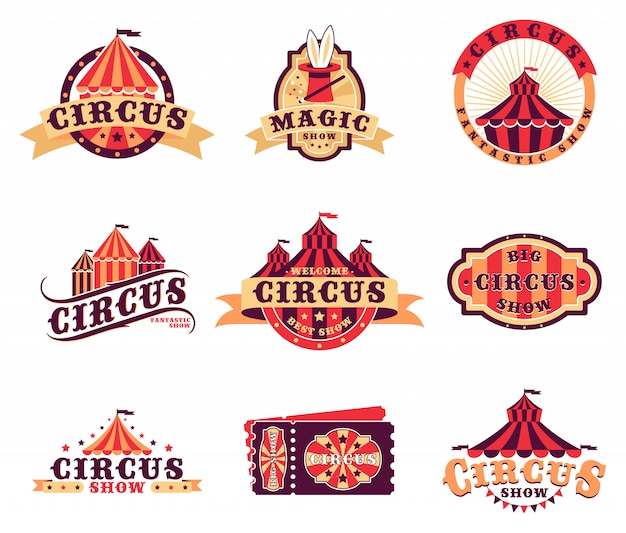 Vector gratuito conjunto de logo y pegatinas de circo