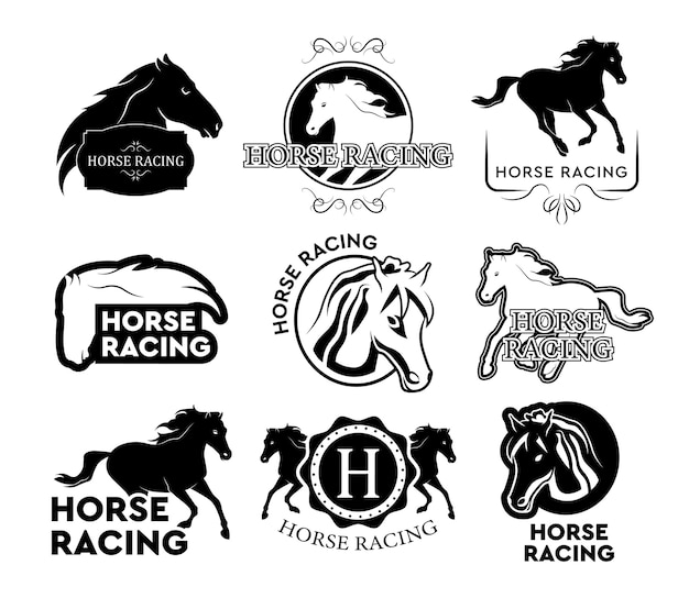 Conjunto de logotipo de carrera de caballos. Ejecución de ilustraciones aisladas de caballos con texto y marcos en estilos vintage. Se puede utilizar para etiquetas de deportes ecuestres o plantillas de insignias de clubes de polo.