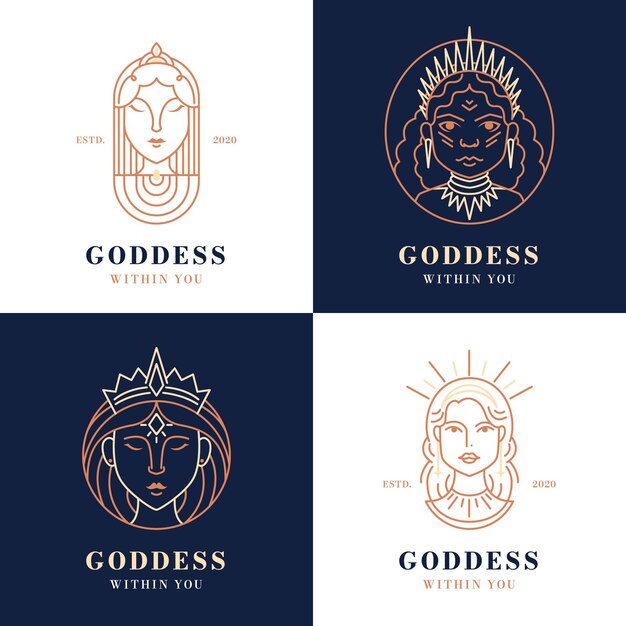 Conjunto de logotipo de diosa plana lineal