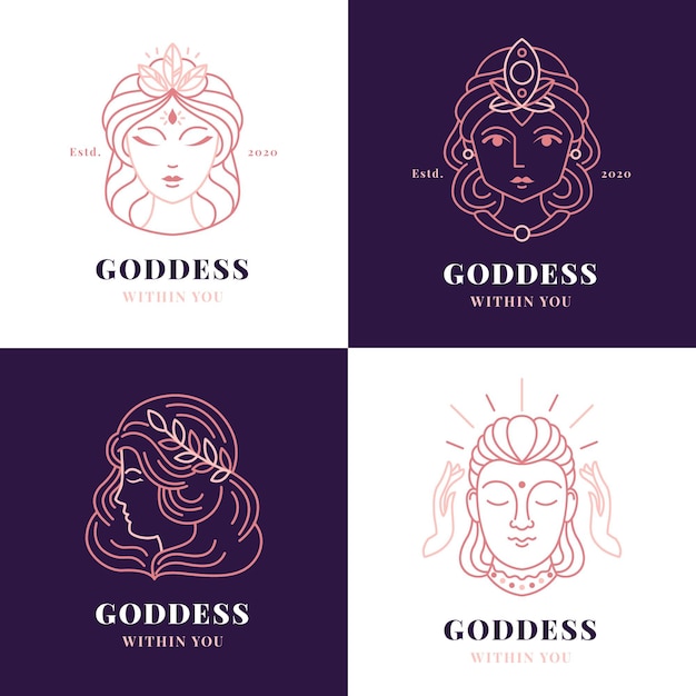 Conjunto de logotipo de diosa plana lineal