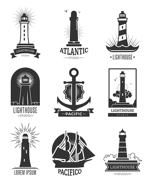 Conjunto de logotipo de envío náutico. Ilustraciones monocromáticas aisladas de faros, ancla y barco. Para emblema de navegación marina, viajes por mar, plantillas de etiquetas de crucero