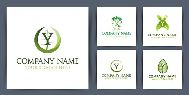 Conjunto de logotipo de monograma de letra inicial de colección con ilustración de vector de diseño de logotipo de semilla de cuenco de hoja