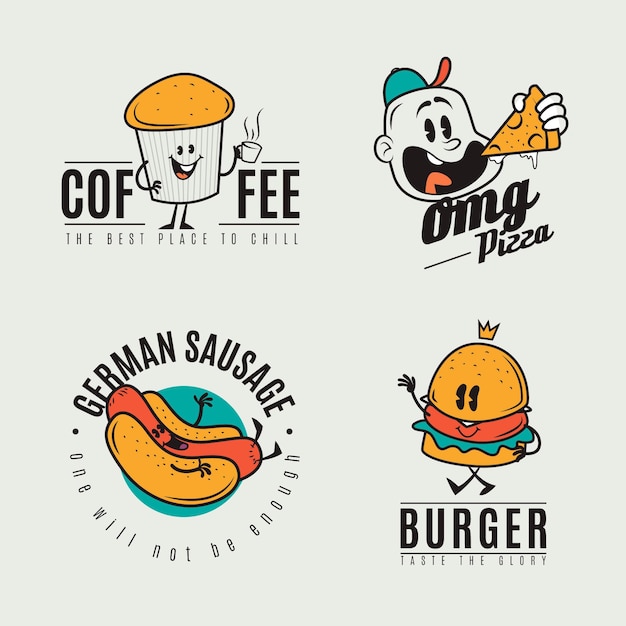 Vector gratuito conjunto de logotipo de restaurante de dibujos animados retro