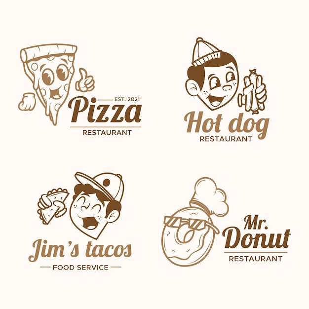Conjunto de logotipo de restaurante de dibujos animados retro