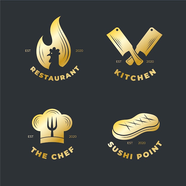 Conjunto de logotipo de restaurante retro dorado