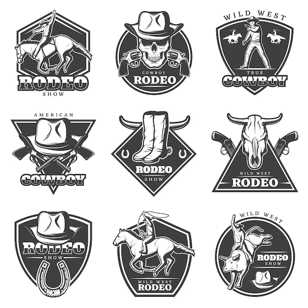 Conjunto de logotipo de rodeo monocromo