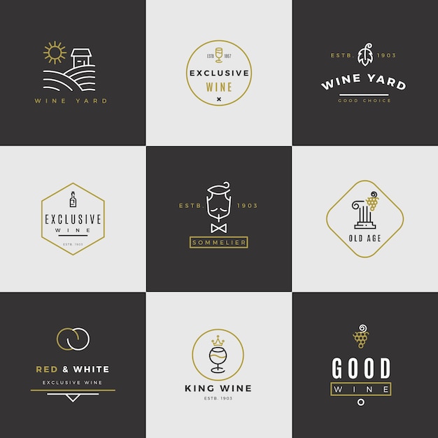 Vector gratuito conjunto de logotipo de vino. logos de menú de alcohol con botellas y vasos.