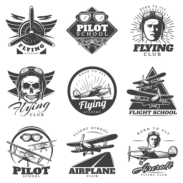 Vector gratuito conjunto de logotipos de aviones monocromo
