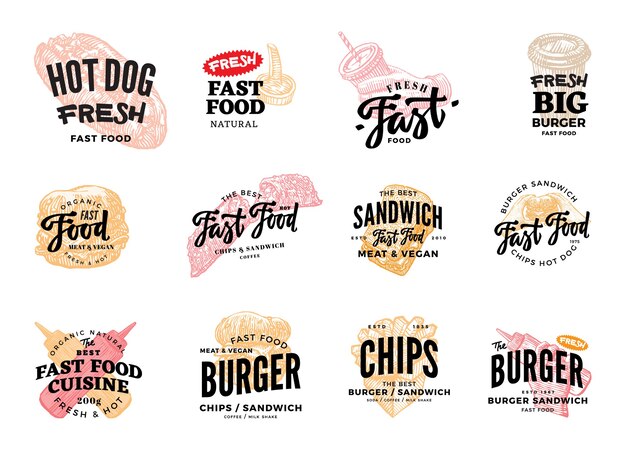 Conjunto de logotipos de comida rápida dibujados a mano