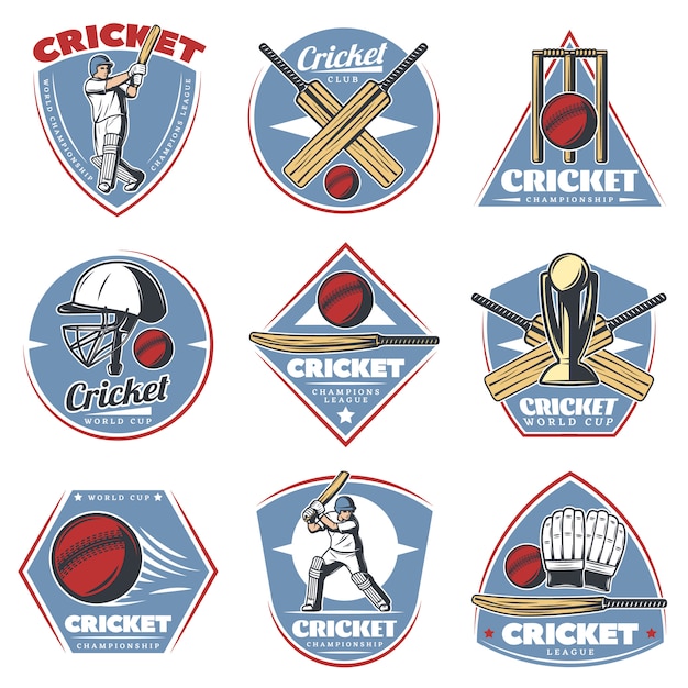 Vector gratuito conjunto de logotipos de cricket vintage coloreados
