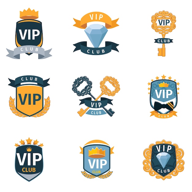 Conjunto de logotipos y emblemas del club vip. etiqueta de oro de lujo, celebridad de membresía