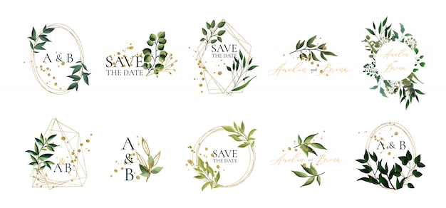 El conjunto de logotipos y el monograma florales de la boda con el marco triangular geométrico de oro de las hojas verdes elegantes para la invitación ahorra el diseño de la tarjeta de fecha. Ilustración vectorial botánica