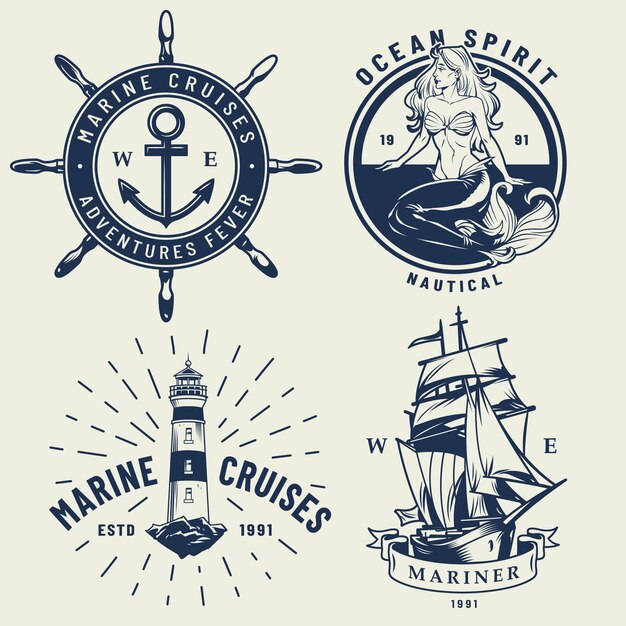 Conjunto de logotipos náuticos monocromo vintage