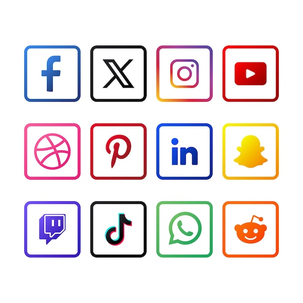 Conjunto de logotipos de redes sociales con contorno degradado con el nuevo logotipo X