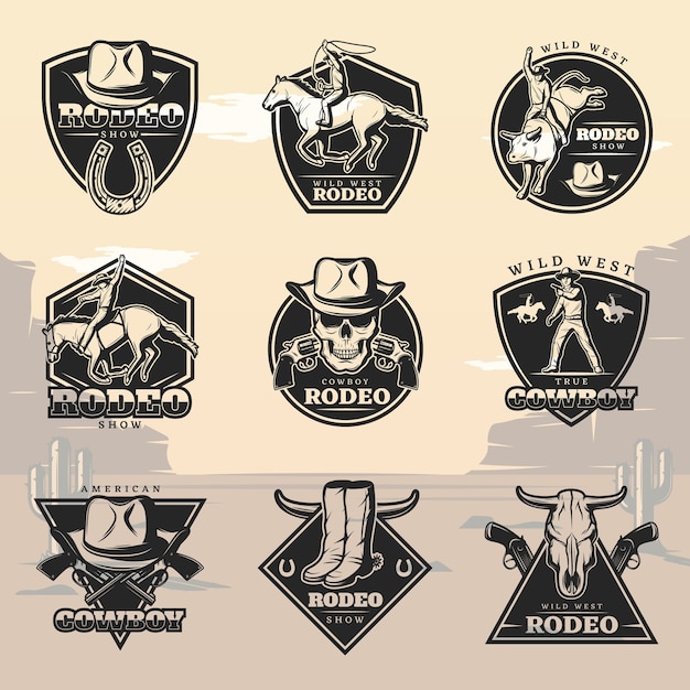 Vector gratuito conjunto de logotipos de rodeo vintage negro