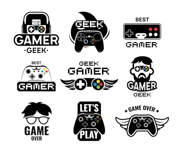 Conjunto de logotipos de videojuegos. Emblemas con jugador, controlador de consola de joystick moderno y vintage, auriculares. Ilustración de vector aislado para plantilla de etiqueta de juego en línea
