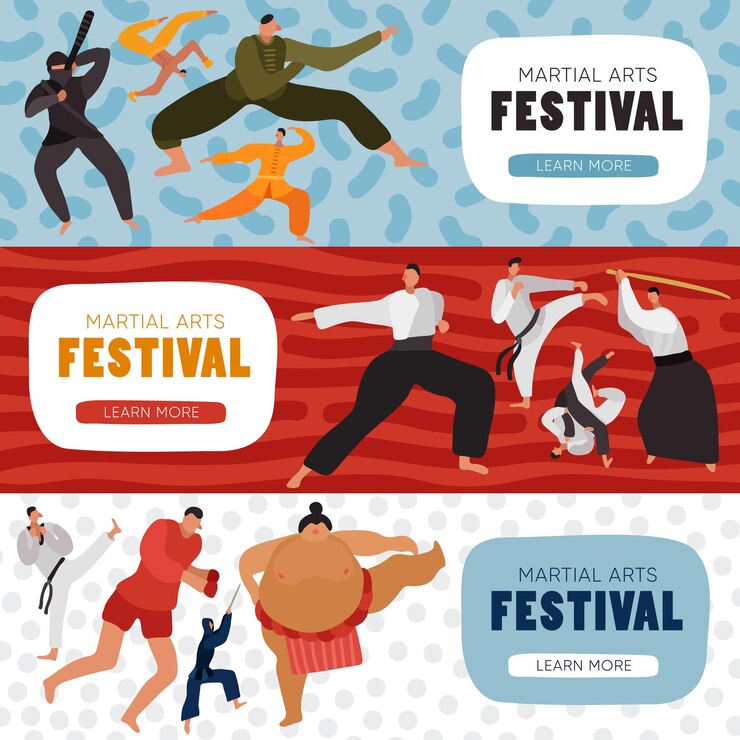 Vector gratuito conjunto de luchadores de banderas horizontales durante la práctica en marcial.