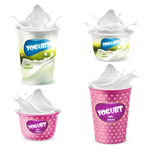 Vector gratuito conjunto de macetas de plástico de yogur con salpicaduras