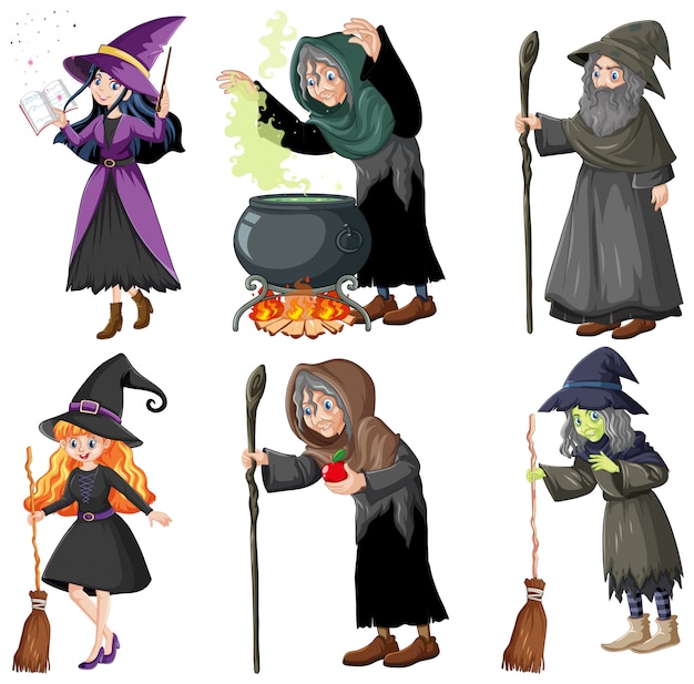 Conjunto de mago o brujas con herramientas mágicas estilo de dibujos animados aislado sobre fondo blanco.