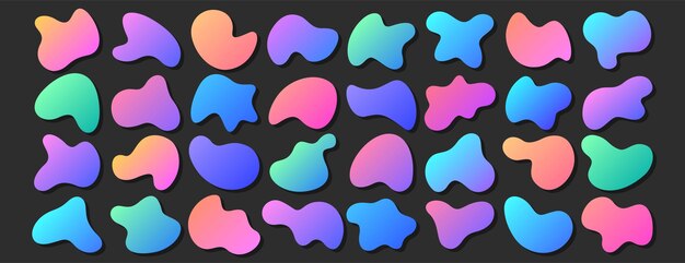 Conjunto de manchas líquidas irregulares de gradiente de neón o formas orgánicas abstractas de forma libre