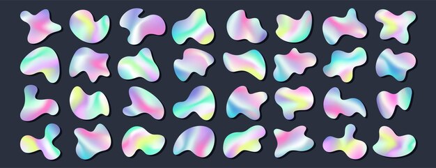 Conjunto de manchas de metal líquido holográfico gotas de cromo iridescente arco iris gradiente metálico formas irregulares de forma libre