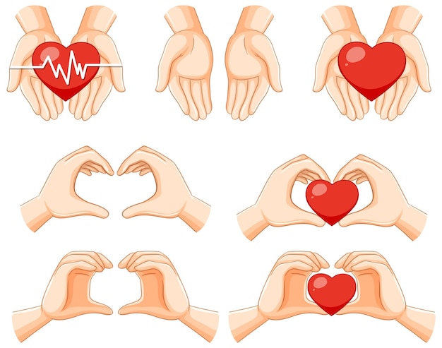Conjunto de manos humanas con corazones