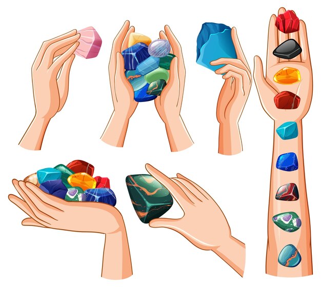 Conjunto de manos humanas con cristales curativos.