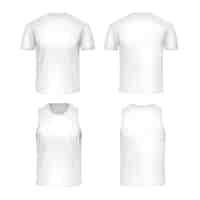 Vector gratuito conjunto de maqueta blanca de uniforme deportivo realista de camisetas de manga corta y sin mangas vista frontal y trasera ilustración vectorial aislada