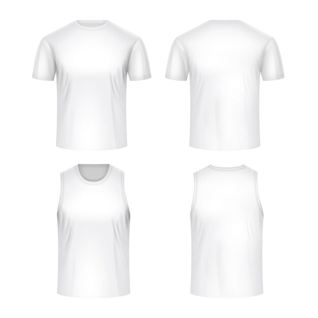 Conjunto de maqueta blanca de uniforme deportivo realista de camisetas de manga corta y sin mangas vista frontal y trasera ilustración vectorial aislada