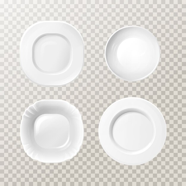 conjunto de maqueta de placas de cerámica blanca en blanco. Platos redondos de porcelana realista para cenar