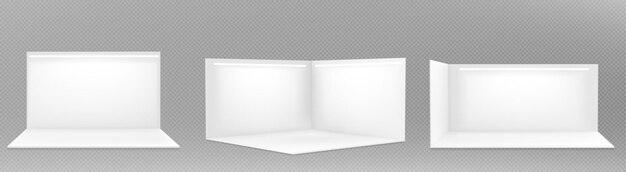 Conjunto de maquetas de cabinas 3D realistas aisladas sobre un fondo transparente Ilustración vectorial de plantillas de stands de ferias de comercio Techo blanco y paredes en blanco con luz LED Área de promoción de negocios en la exposición