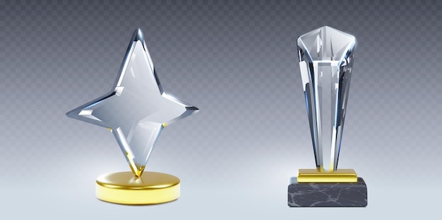 Conjunto de maquetas de trofeos de cristal 3d aisladas en un fondo transparente ilustración vectorial realista de la forma de rombo estelar premios ganadores en plataformas de oro y piedra logro del premio campeón