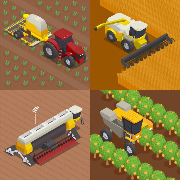 Conjunto de maquinaria agrícola moderna de cuatro composiciones isométricas cuadradas con vistas al aire libre de vehículos automatizados de trabajo ilustración vectorial