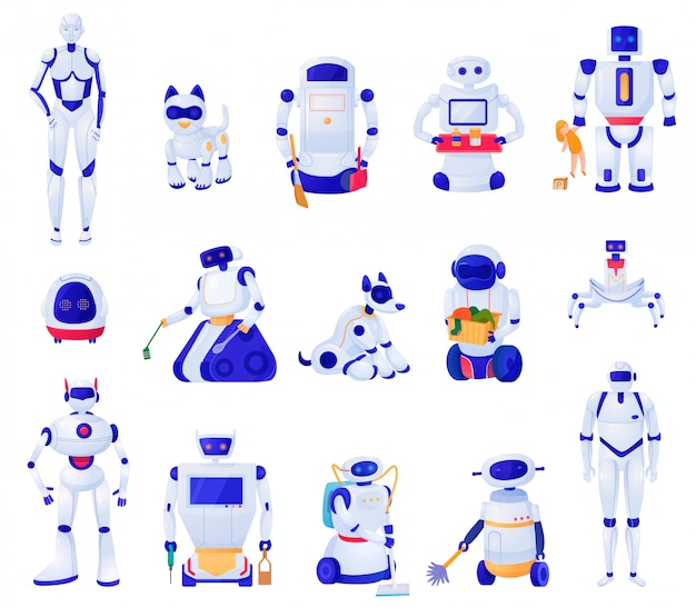 Conjunto de máquinas de inteligencia artificial de varios robots de forma mascotas y ayudantes domésticos ilustración aislada