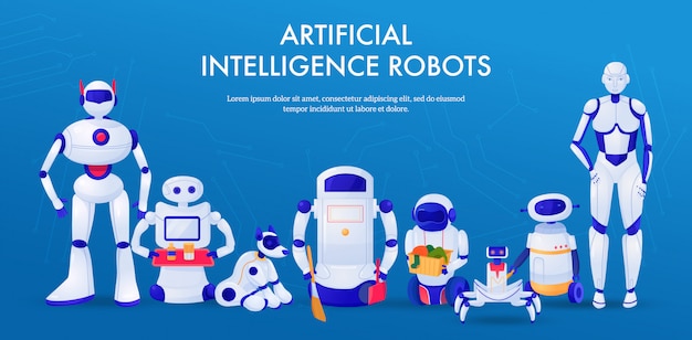 Conjunto de máquinas robots de inteligencia artificial mascotas y asistentes domésticos banner horizontal