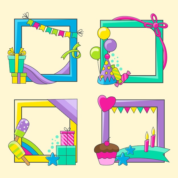 Conjunto de marco de collage de cumpleaños dibujado a mano