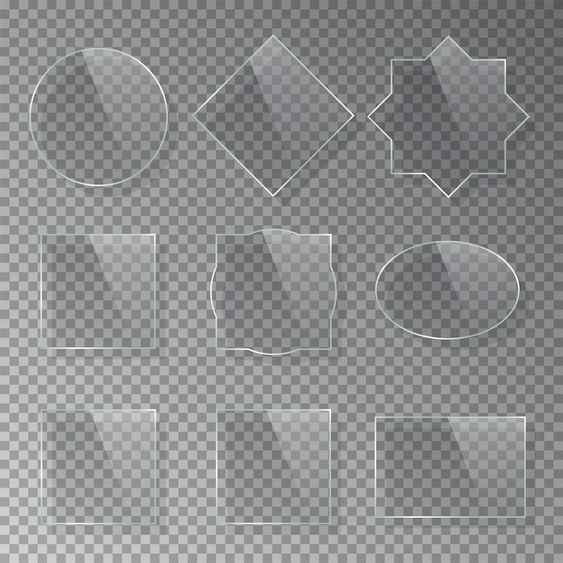 Vector gratuito conjunto de marco de vidrio con figuras rizadas de tres dimensiones realistas aislado sobre fondo gris transparente kit de marco redondo ovalado de estrella cuadrada rectangular